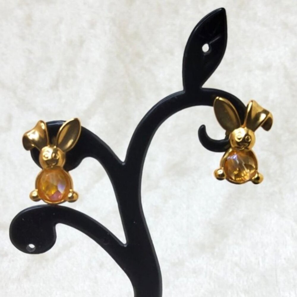 Vintage Gold Tone Rabbit Earrings With Amber-Colored Gemstone Accents